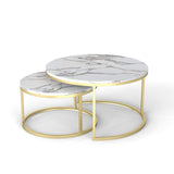 Xinyvee Nesting Coffee Table Set of 2, 31.5" Round Coffee Table Wooden Marble Pattern Accent Furniture, Industrial End Table for Living Room Bedroom Balcony (White/Gold) Xinyvee