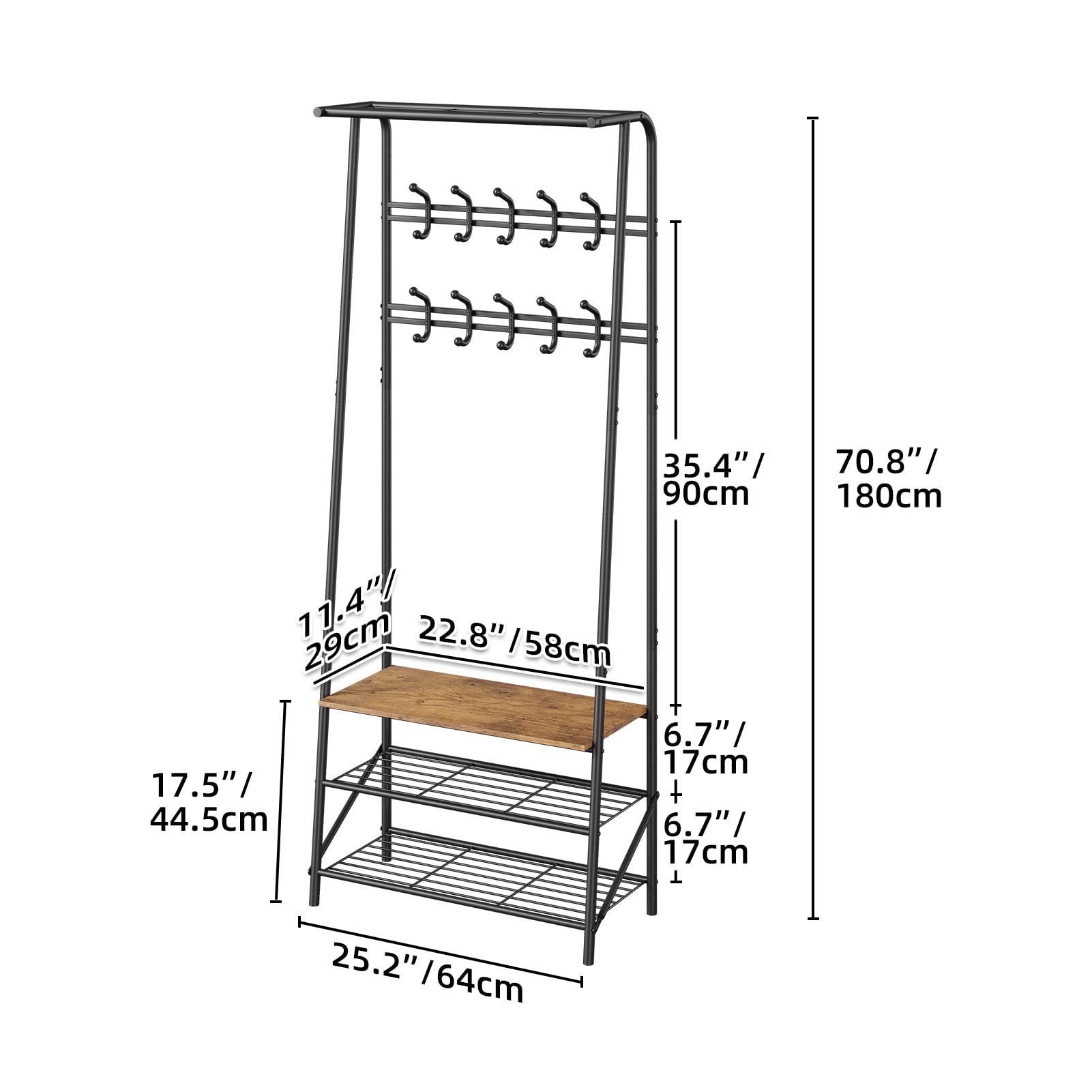 Coat Rack Shoe Bench with 10 Hooks, Hall Trees Entryway Bench with Storage, Multifunctional Hallway Organizer, Wood Look Accent Furniture with Metal Frame - WoodArtSupply