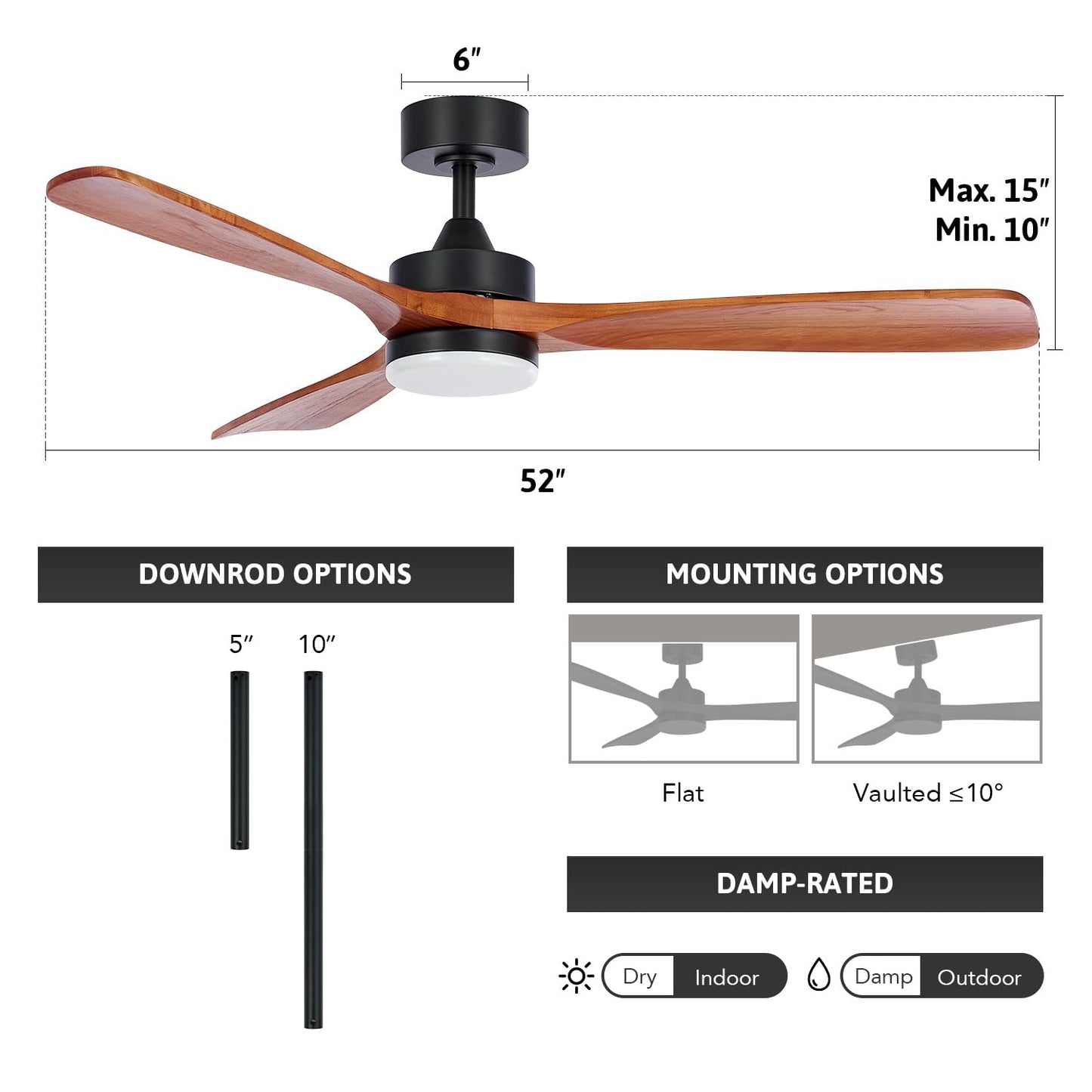 VONLUCE Ceiling Fans with Lights, 52 Inch Outdoor Ceiling Fan with Remote, 6 Speed Reversible Noiseless DC Motor, Wood Ceiling Fan for Indoor Bedroom Farmhouse Patios, Walnut - WoodArtSupply