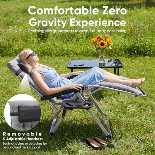 NEWBULIG Zero Gravity Chair, Folding Patio Recliner with Removable Cushion & Cup Holder Trays, Portable Lounge Chair for Beach & Camping, Classic Grey