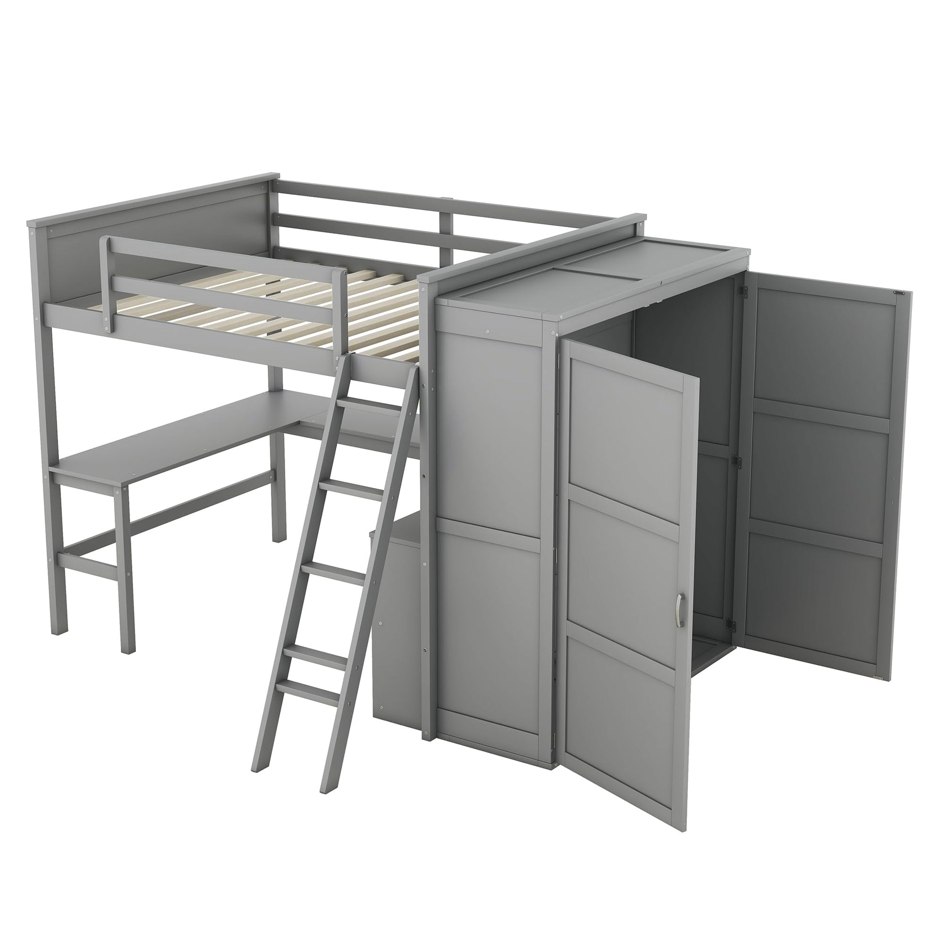 SOFTSEA Grey Full Size Loft Bed with Wardrobe, Desk & Storage Shelves for Enhanced Living - WoodArtSupply