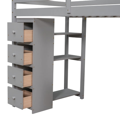 Bellemave Twin Loft Bed with Stairs, Desk, and Storage Drawers - Modern Gray Wood Frame for Kids and Teens - WoodArtSupply