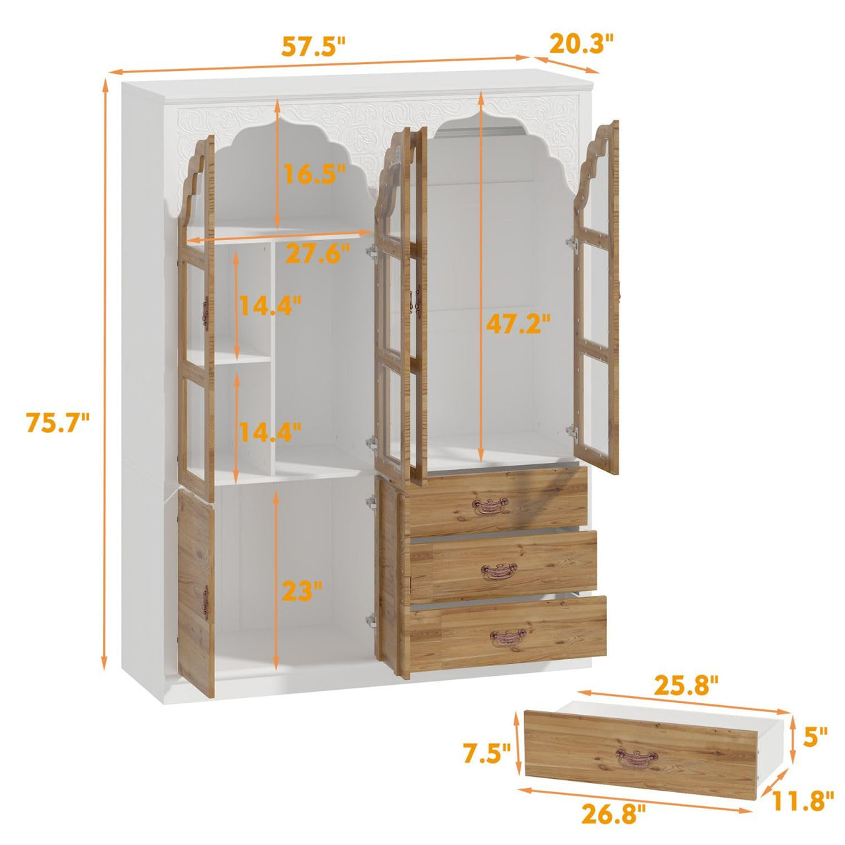 FAMAPY Farmhouse 4 Door Wardrobe with Glass Doors & Storage Cabinet, Armoire Wardrobe Closet with Hanging Rod & 3 Drawers, Art Decor Armoire Closet White and Oak (57.5”W x 20.3”D x 75.7”H) FAMAPY