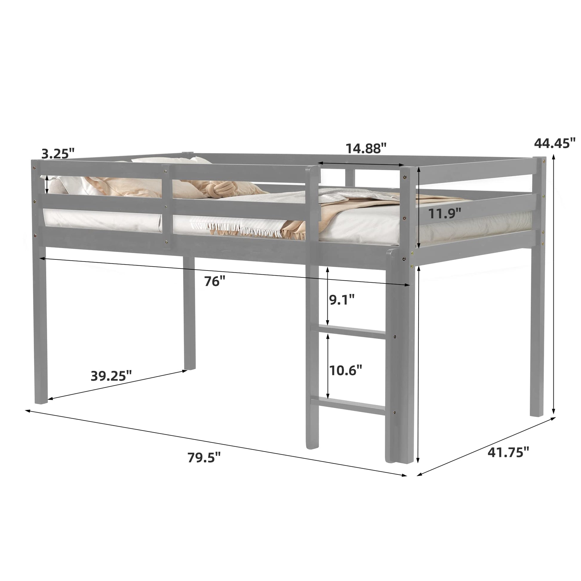 LoLado Twin Loft Bed - Grey Solid Wood Bed Frame with Guard Rails and Built-In Ladder for Kids - WoodArtSupply