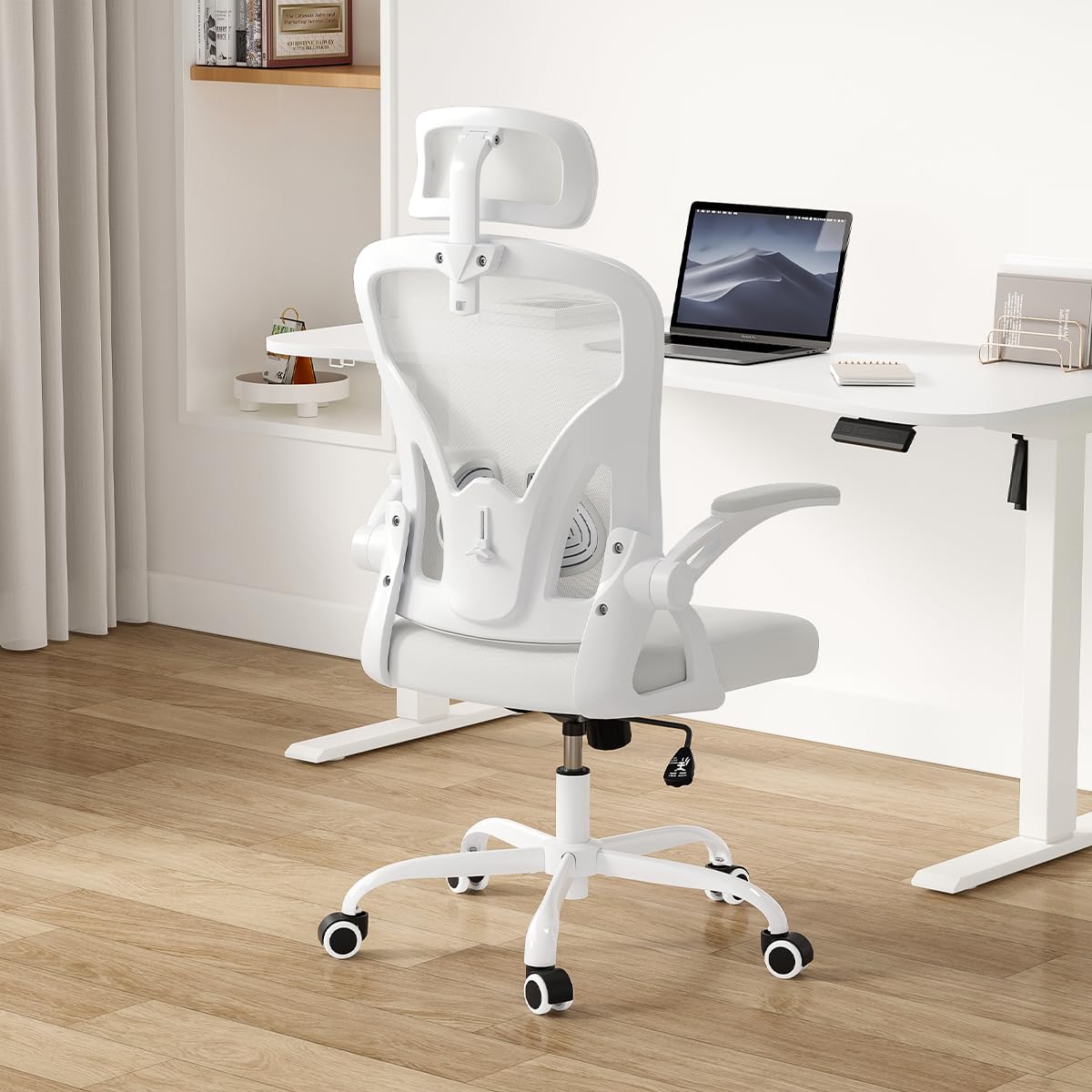 Farini Ergonomic Office Chair, Home Office Desk Chair with Headrest, High Back Computer Chair with Flip-up Armrests and Adjustable Lumbar Support for Home Office Study Room (with Headrest, All-White) Farini