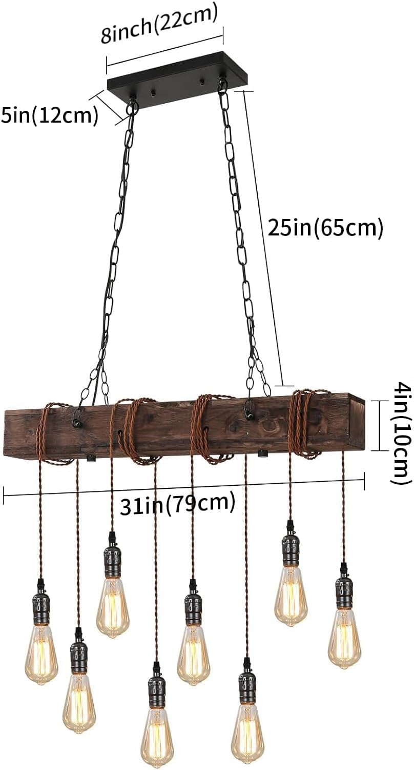 KEESFU 8-Lights Rustic Chandeliers for Dining Room, Farmhouse Wooden Ceiling Pendant Light, Height Adjustable, Rectangle Chandelier for Kitchen Island Dining Room Bar Pool Table Cabin.