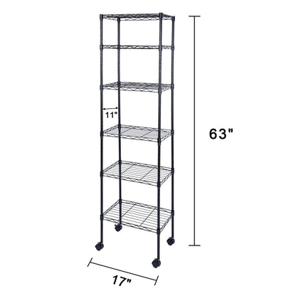 Simple Deluxe Heavy Duty 6-Shelf Shelving with Wheels, Wire Shelving with Hanging Hooks, Adjustable Storage Units, 17.32" D x 11.42" W x 64.96" H, 6 Tier, Black