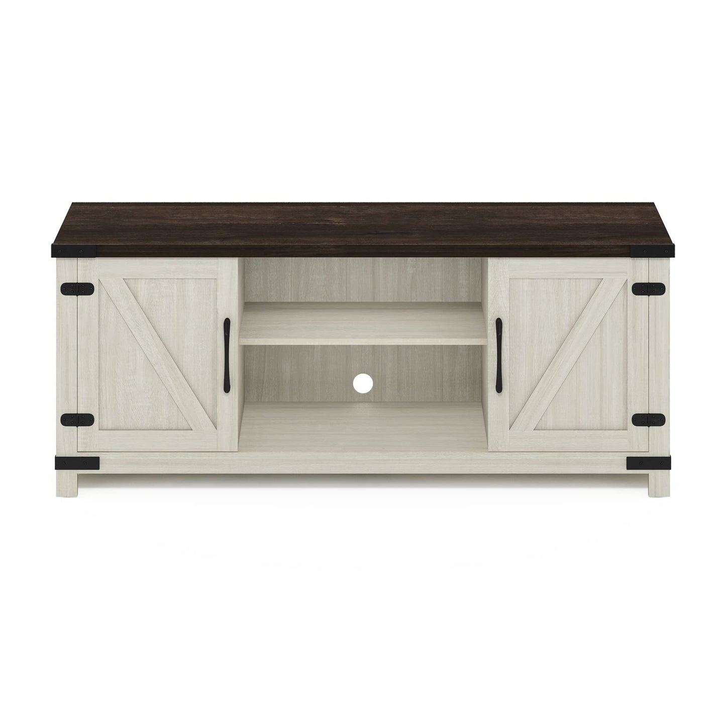 Furinno Jensen Farmhouse Barn Door Living Room TV Stand with Storage Cabinets for TV up to 70 Inch, Ebony/White Wash - WoodArtSupply