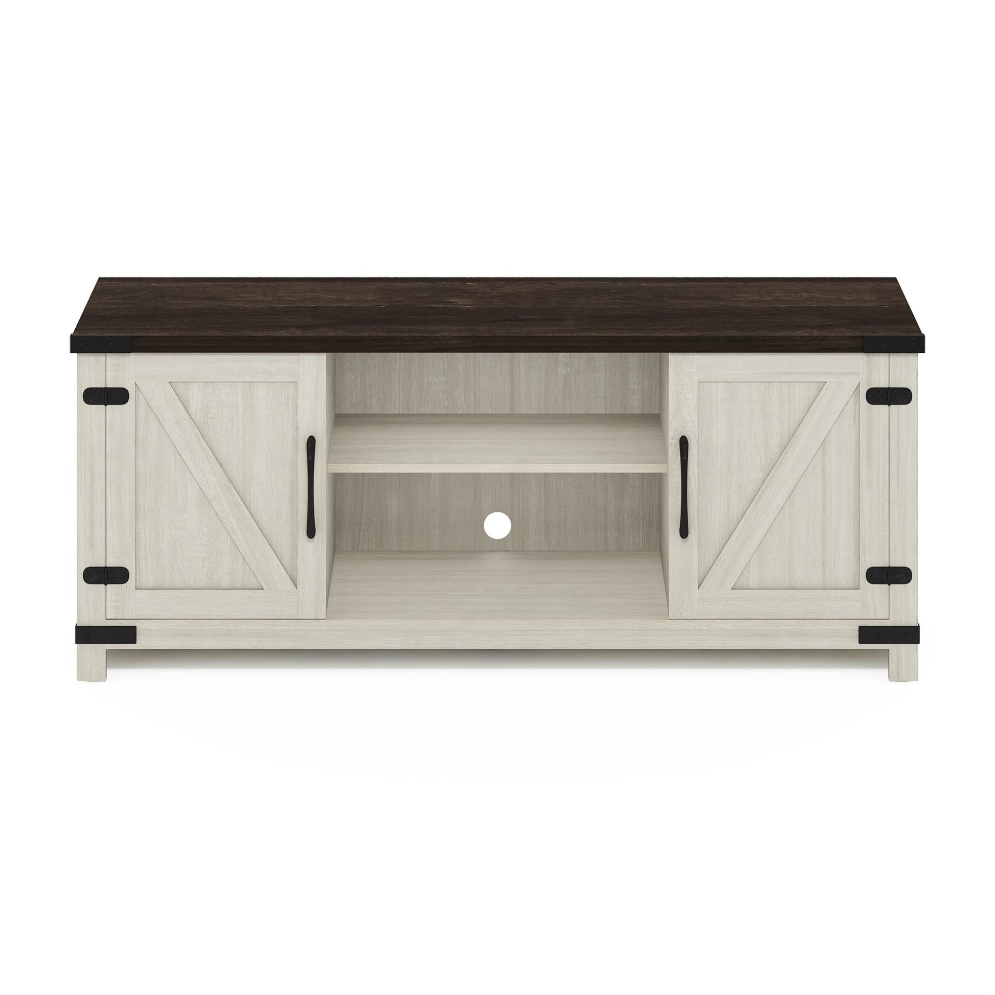 Furinno Jensen Farmhouse Barn Door Living Room TV Stand with Storage Cabinets for TV up to 70 Inch, Ebony/White Wash - WoodArtSupply