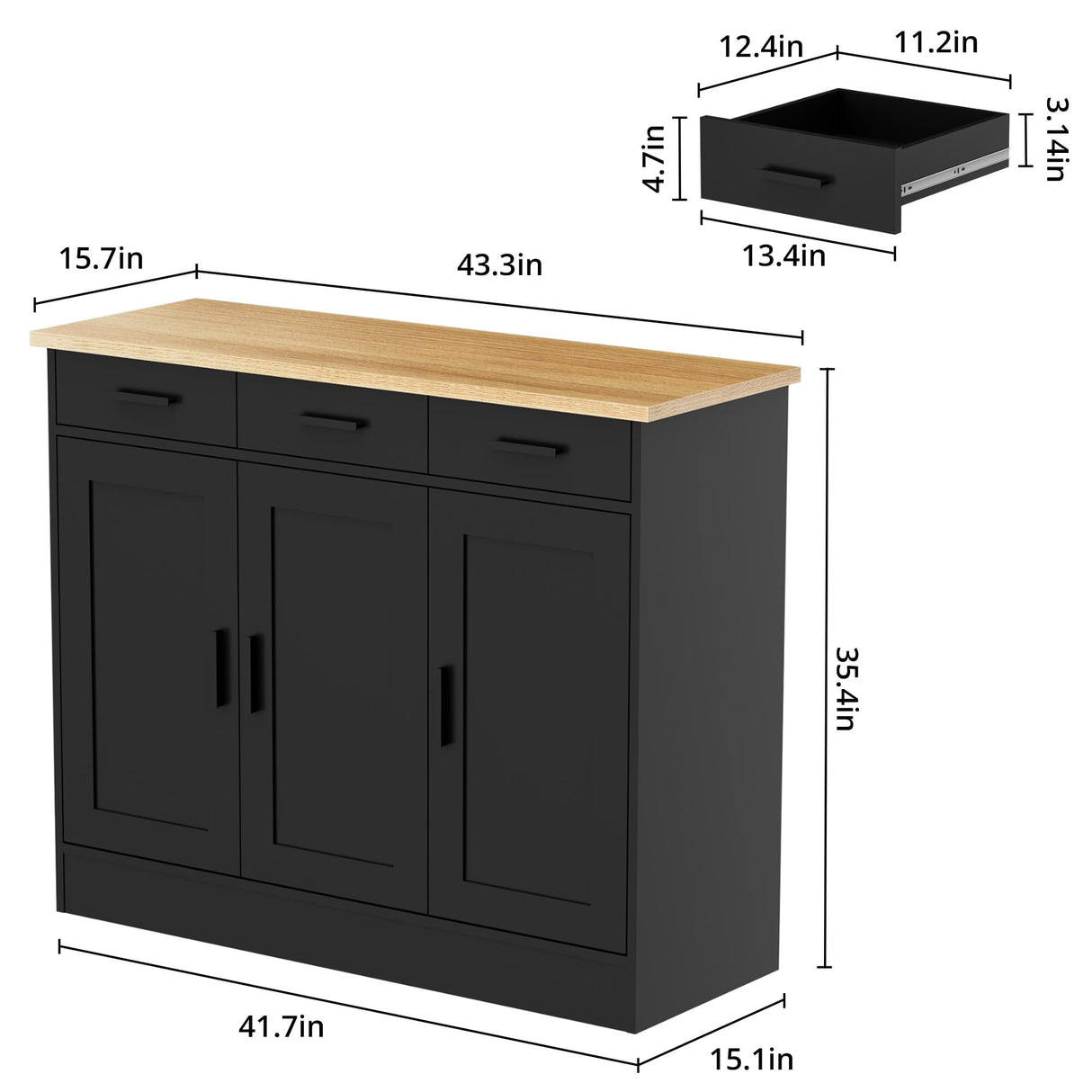Anystyle 43.3" W Black Buffet Cabinet, Coffee Bar Cabinet with 3 Drawers & 3 Doors, Kitchen Buffet Sideboard for Living Room, Kitchen Anystyle