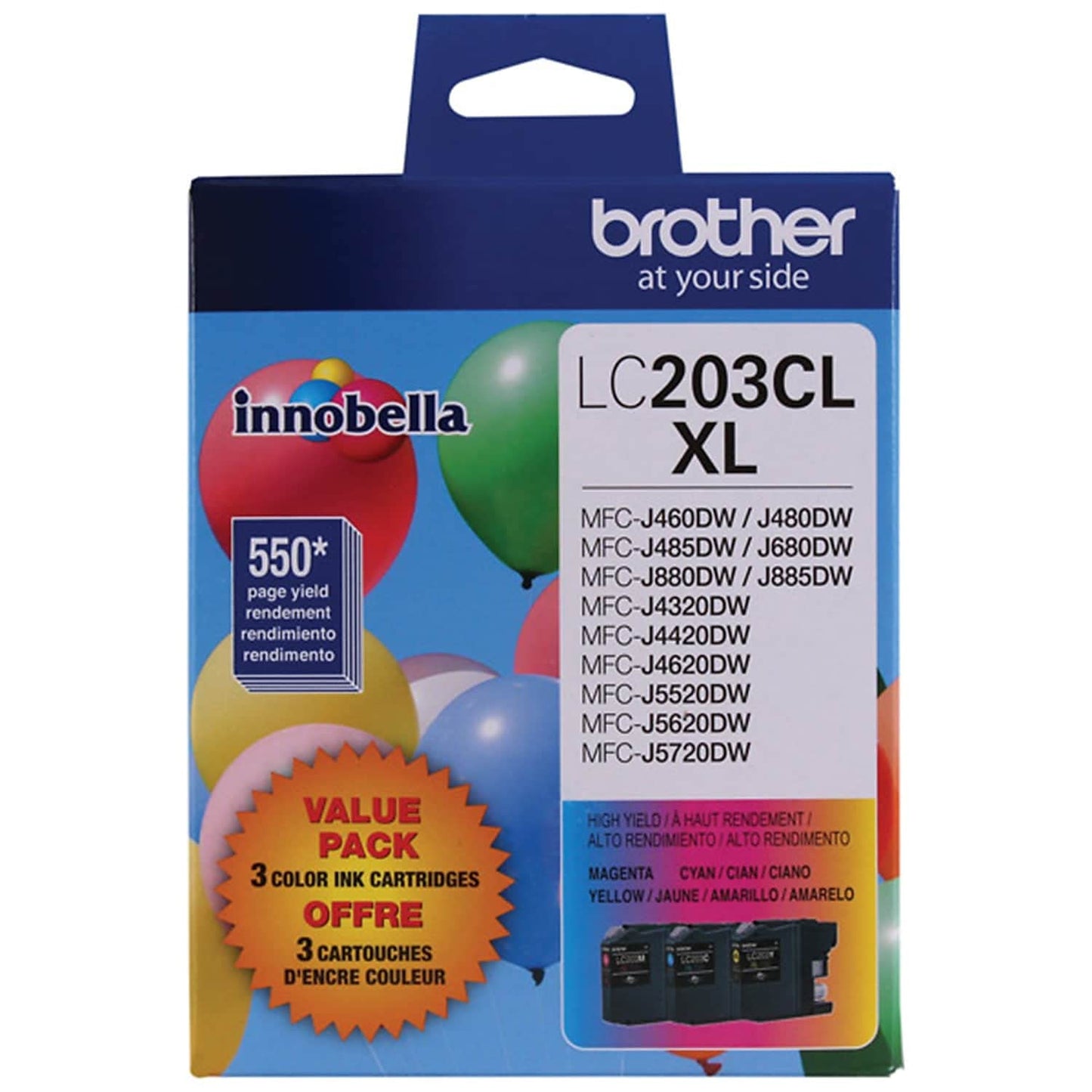 Brother Genuine High Yield Color Ink Cartridge, LC2033PKS, Replacement Color Ink Three Pack, Includes 1 Cartridge Each of Cyan, Magenta & Yellow, Page Yield Up To 550 Pages, Amazon Dash Replenishment Cartridge, LC203