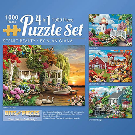 Bits and Pieces – 4-in-1 Multi-Pack 1000 Piece Jigsaw Puzzles for Adults – Scenic Beauty Collection by Artist Alan Giana, Completed Puzzle Size: 20" x 27" Each Bits and Pieces