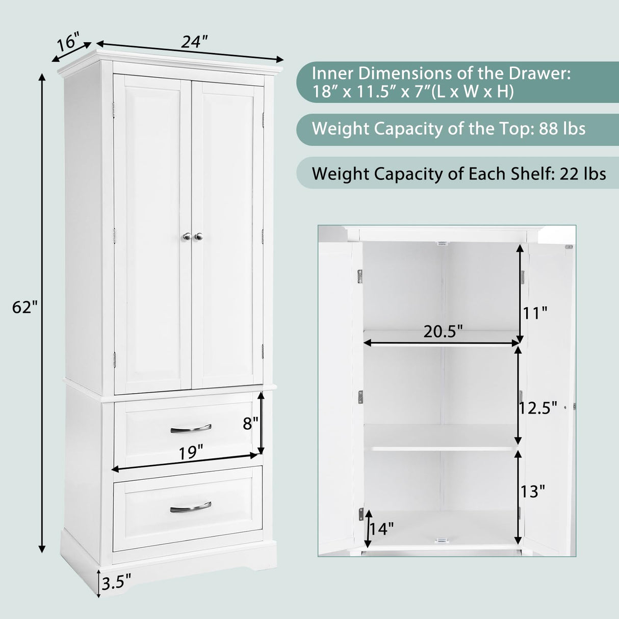 Tangkula 62" H Kitchen Pantry Cupboard, Freestanding Storage Cabinet w/Adjustable Shelves & 2 Large Drawers, Tall Floor Cabinet Home Storage for Kitchen Living Room Bathroom (White) Tangkula