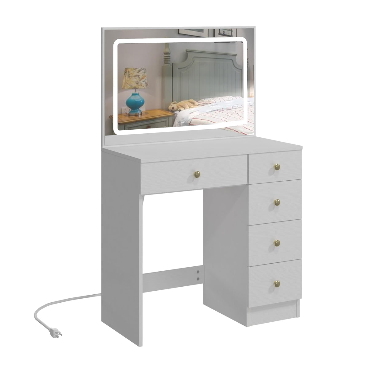 Makeup Vanity with Large Lighted Mirror, Vanity Desk with 5 Drawers Vanity Set with Power Outlet 3 Color Lighting Modes Dressing Table for Women Girls (White) Panana