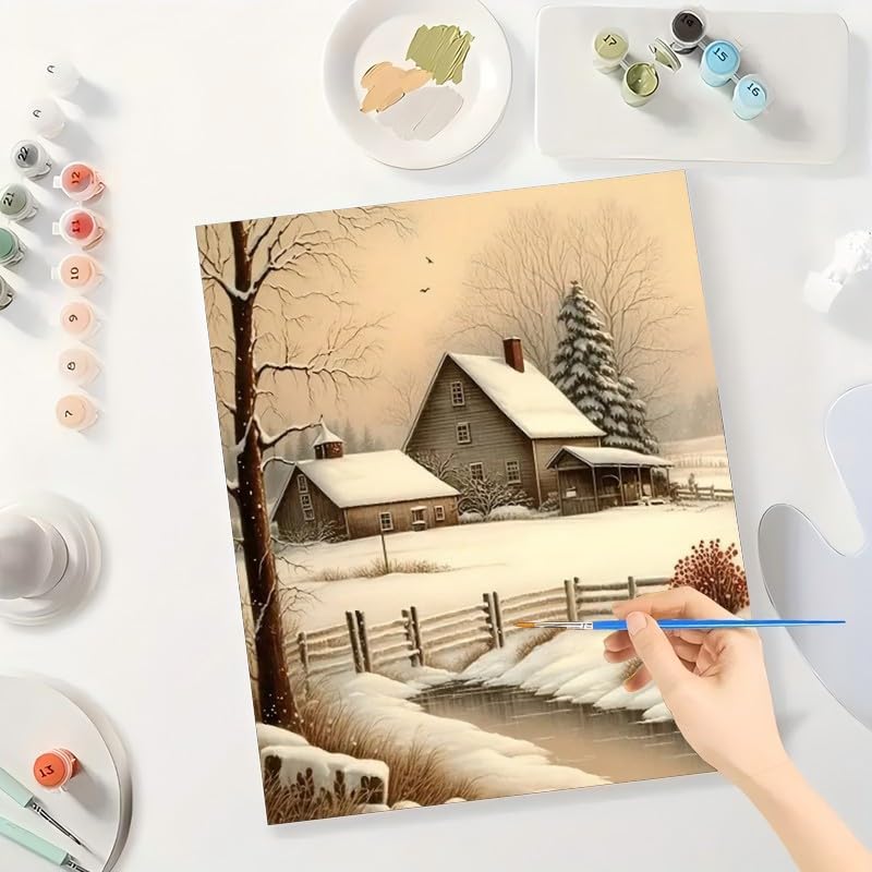Winter Landscape Paint by Numbers Kit for Adults – DIY Snowy Farmhouse Scene Painting on Canvas 16x20 Inches, Acrylic Paint Set, Suitable for Beginners,Seasonal Art for Home Decoration/Gifts TAOPAOLAB