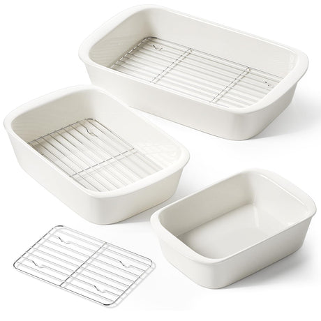 LE TAUCI Deep Casserole Dishes for Oven, 13.7”x9.6” Ceramic Baking Dish Set with Roasting Racks, Large Lasagna Pans with Handles, Rectangular Bakeware as Gift, White (4.6QT/3.0QT/1.6QT), Set of 3 LE TAUCI