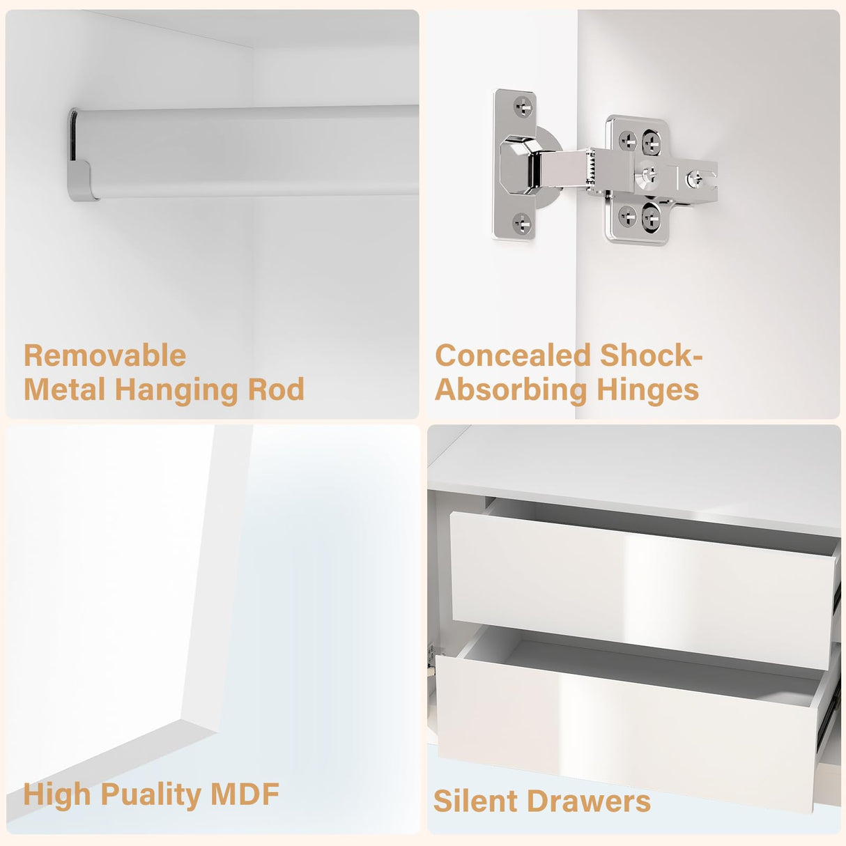 Wakefit Armoire Wardrobe Closet, 4 Doors Wooden Wardrobe Closet Cabinet, 71" Bedroom Armoires with Hanging Rod Shelf, Freestanding Wardrobe Cabinet for Bedroom, Guest Room, White Wakefit