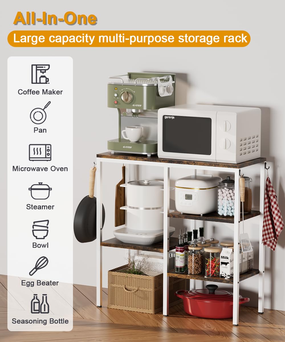 Artibear 4-Tier Kitchen Microwave Oven Stand, Adjustable Coffee Bar Station for Small Appliance, Baker's Rack with 4 Hooks & 5 Storage Shelves, Utility Rack for Kitchen, Living Room, Office, White Artibear