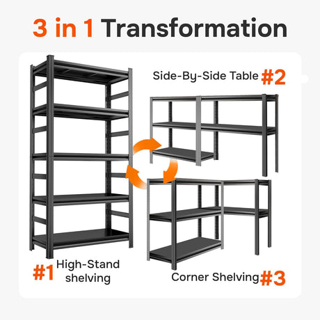 KILISTEELS 71.2" H Metal Garage Shelving Unit 3500LBS Metal Storage Shelves 5 Tier Adjustable Shelving Unit Garage Shelves for Kitchen Warehouse Pantry Basement, 71.2" H x 35.4" W x 13.8" D, Black KILISTEELS