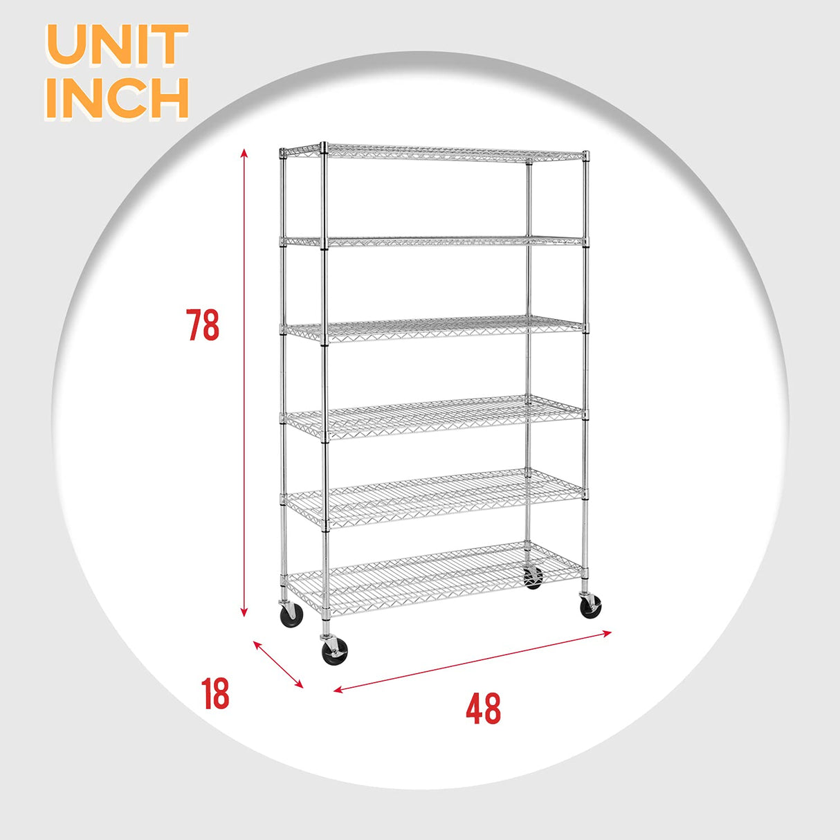 FDW 48 inch L×18 inch W×76 inch H Wire Shelving Unit Metal Shelf with 6 Tier Casters Adjustable Layer Rack Strong Steel for Restaurant Garage Pantry Kitchen Garage, Chrome FDW