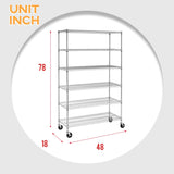 FDW 48 inch L×18 inch W×76 inch H Wire Shelving Unit Metal Shelf with 6 Tier Casters Adjustable Layer Rack Strong Steel for Restaurant Garage Pantry Kitchen Garage, Chrome FDW