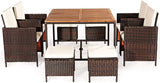 HAPPYGRILL 9-Pieces Patio Dining Set Outdoor Dining Furniture Set with Cushioned Seating, Space-Saving Dining Table with Acacia Wood Tabletop Rattan Wicker Chair and Ottoman Sets for Backyard Garden HAPPYGRILL