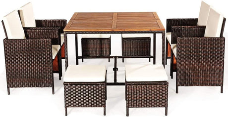 HAPPYGRILL 9-Pieces Patio Dining Set Outdoor Dining Furniture Set with Cushioned Seating, Space-Saving Dining Table with Acacia Wood Tabletop Rattan Wicker Chair and Ottoman Sets for Backyard Garden HAPPYGRILL