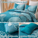 King Quilt Sets Teal Floral Pattern Quilt Bedding Set, 3 Pieces Botanical Quilt Bedspread Coverlet Set, Soft Microfiber Boho Flower Bed Coverlet Bedding Set for All Season(104" x 90) Anibedding