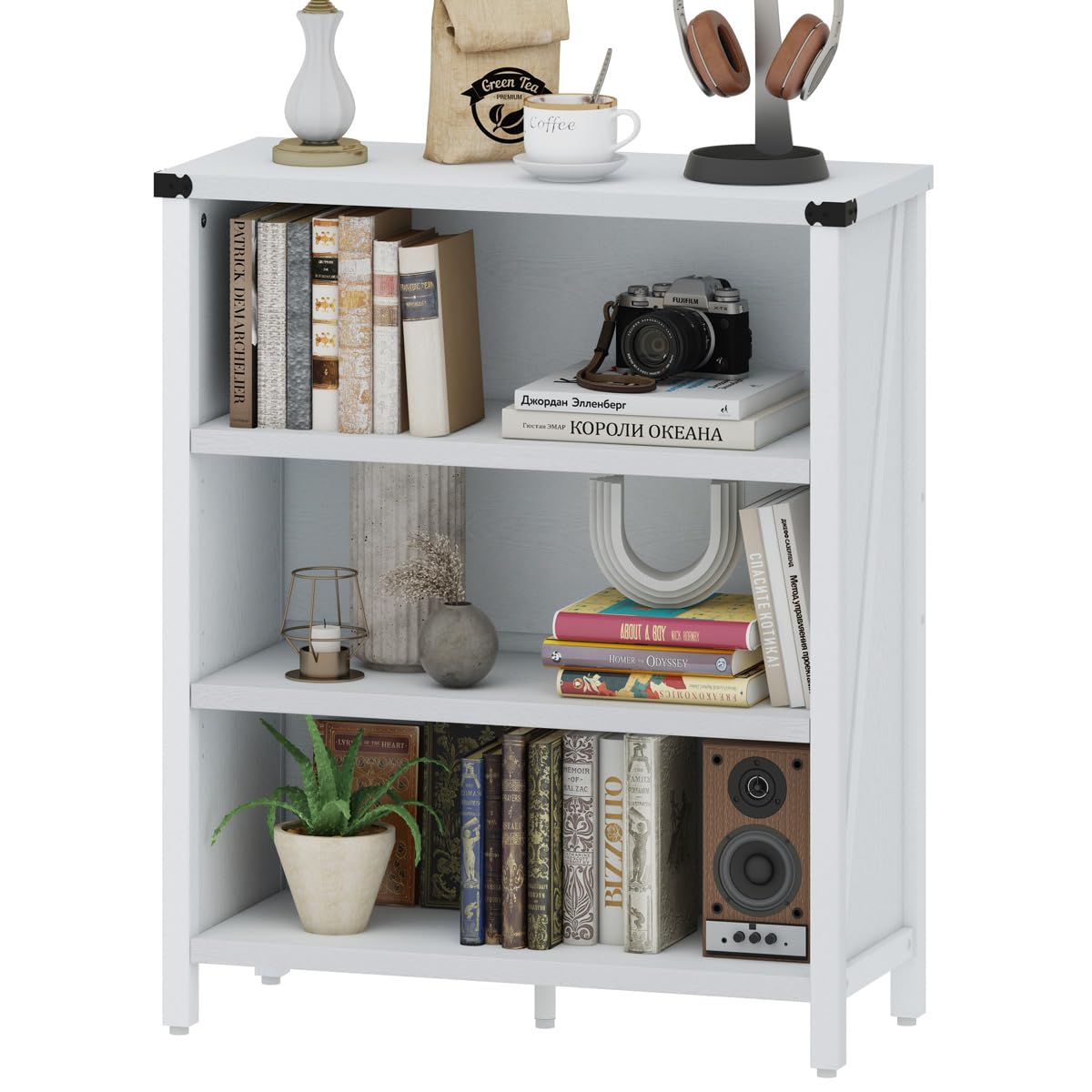 BON AUGURE White Bookcase, 3 Shelf Bookshelf, Farmhouse Wooden Book Cases/Shelves, Small Open Storage Book Shelves for Home School Library Office Bedroom Kids (White Oak) BON AUGURE