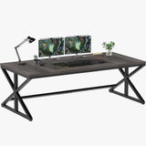 IBF Long Grey Computer Desk, Modern Large Wood Metal Office Desk, Industrial Pc Study Gaming Writing Table for 2 Person, Executive Workstation for Home Bedroom Living Room, Dark Gray, 70 Inch IBF