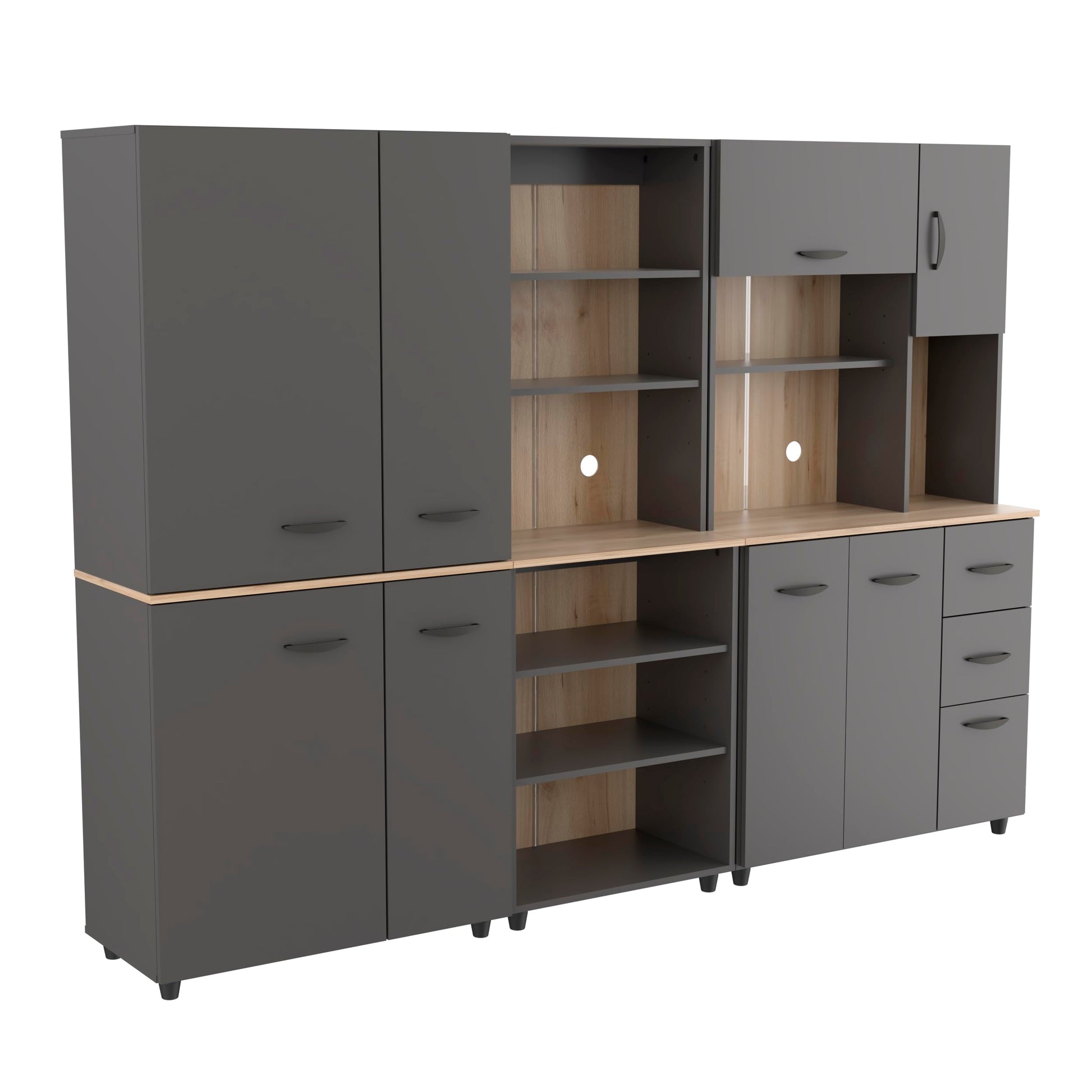 Inval Proforte 3-Piece Garage Storage Cabinet Set with 1 Large 4-Door Cabinet, 3-Drawer Cabinet, and 6-Shelf Cabinet, Dark Gray/Maple - WoodArtSupply