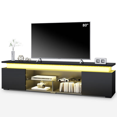 Redkey Modern TV-Stand with Light - Television Stands for 70 75 80 Inch TVs - Entertainment Center with Storage Cabinet for Bedroom Living Room - Open Glass Shelves - 2AC Outlet - Black