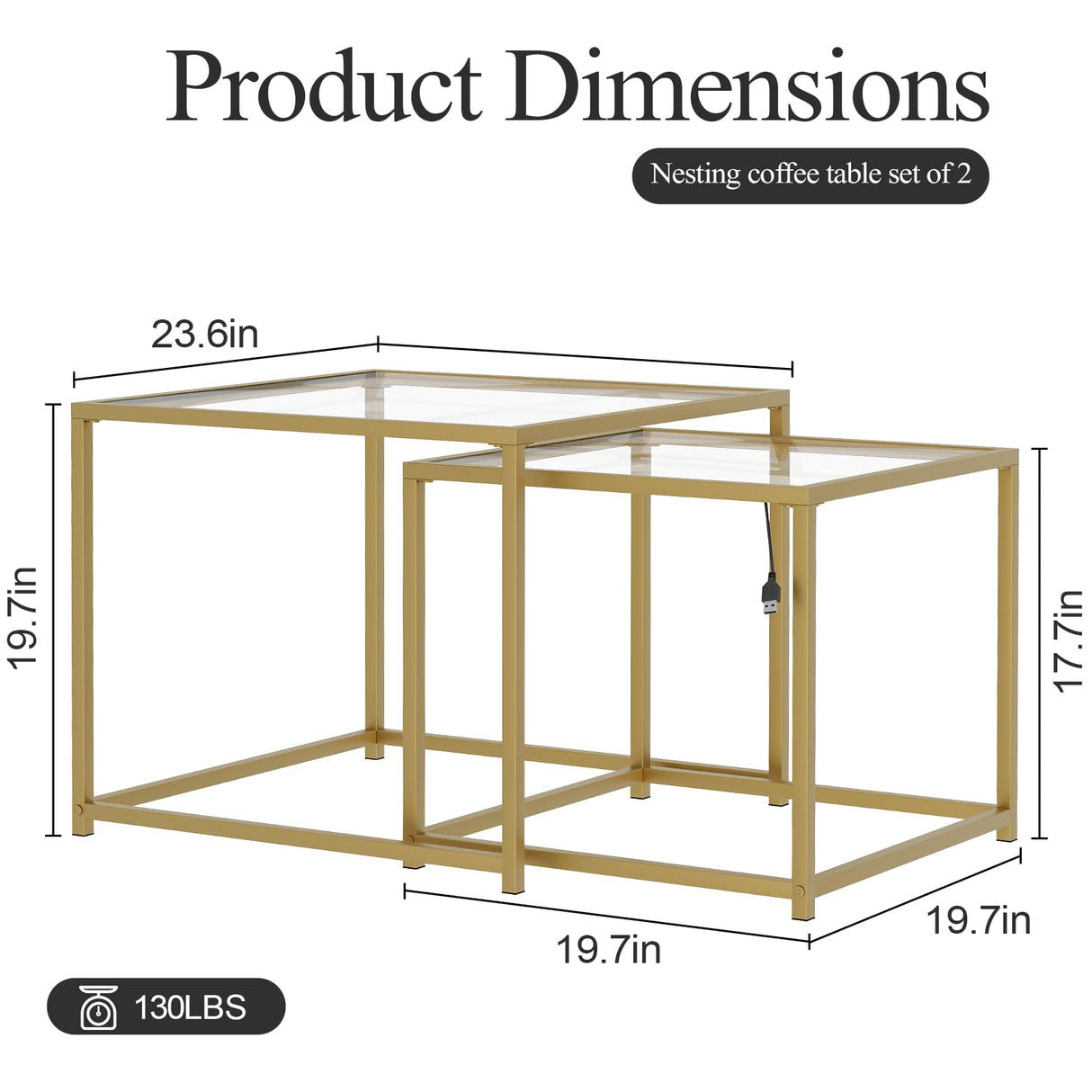Nesting Coffee Table Set of 2, Gold Glass Coffee Tables, Square Center Coffee Table for Living Room,Nesting Tables with LED Lights for Home, Office, Bedroom, Tempered Glass-top with Sturdy Metal Frame Adompacat