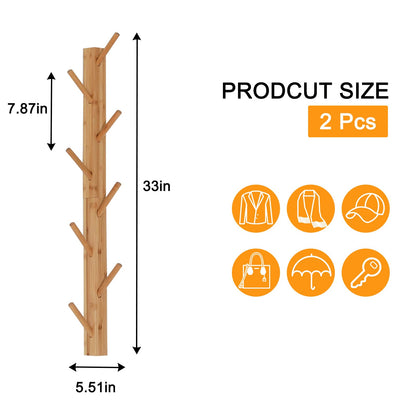 TIOPGHAD 2-Pack Wood-Wall-Mounted-Coat-Hooks, Bamboo Vertical Coats Rack Holder Hanger with 8 Hooks Entryway Hanging Wooden Racks for Hanging Jacket Coat Hat in Entryway Office Bathroom(Natur - WoodArtSupply