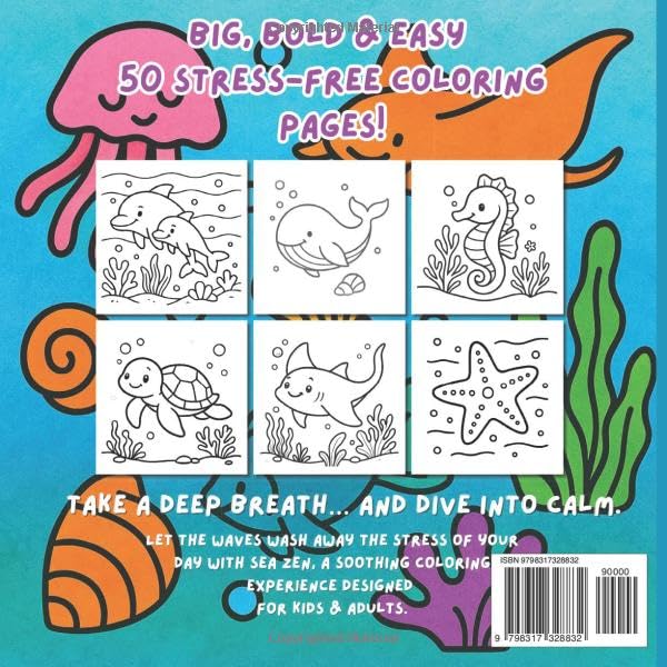 Zen Sea: Stress Relief Coloring Book with Easy Ocean Scenes: Big Bold & Easy 50 Stress free (Coloring Pages for Kids & Adults) WoodArtSupply