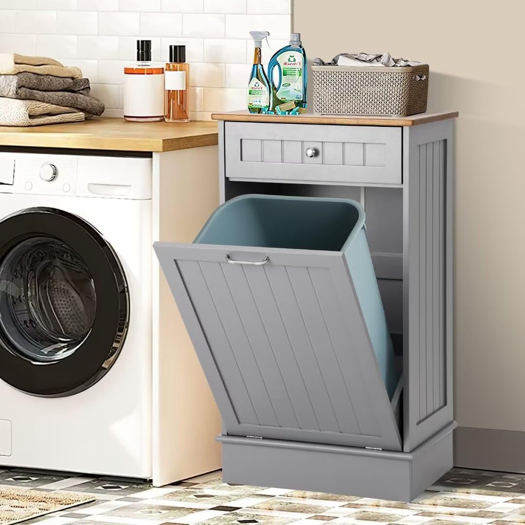 KIGOTY Tilt Out Trash Can Cabinet Wooden Kitchen Single Pull Out Trash Can Under Cabinet,Grey - WoodArtSupply