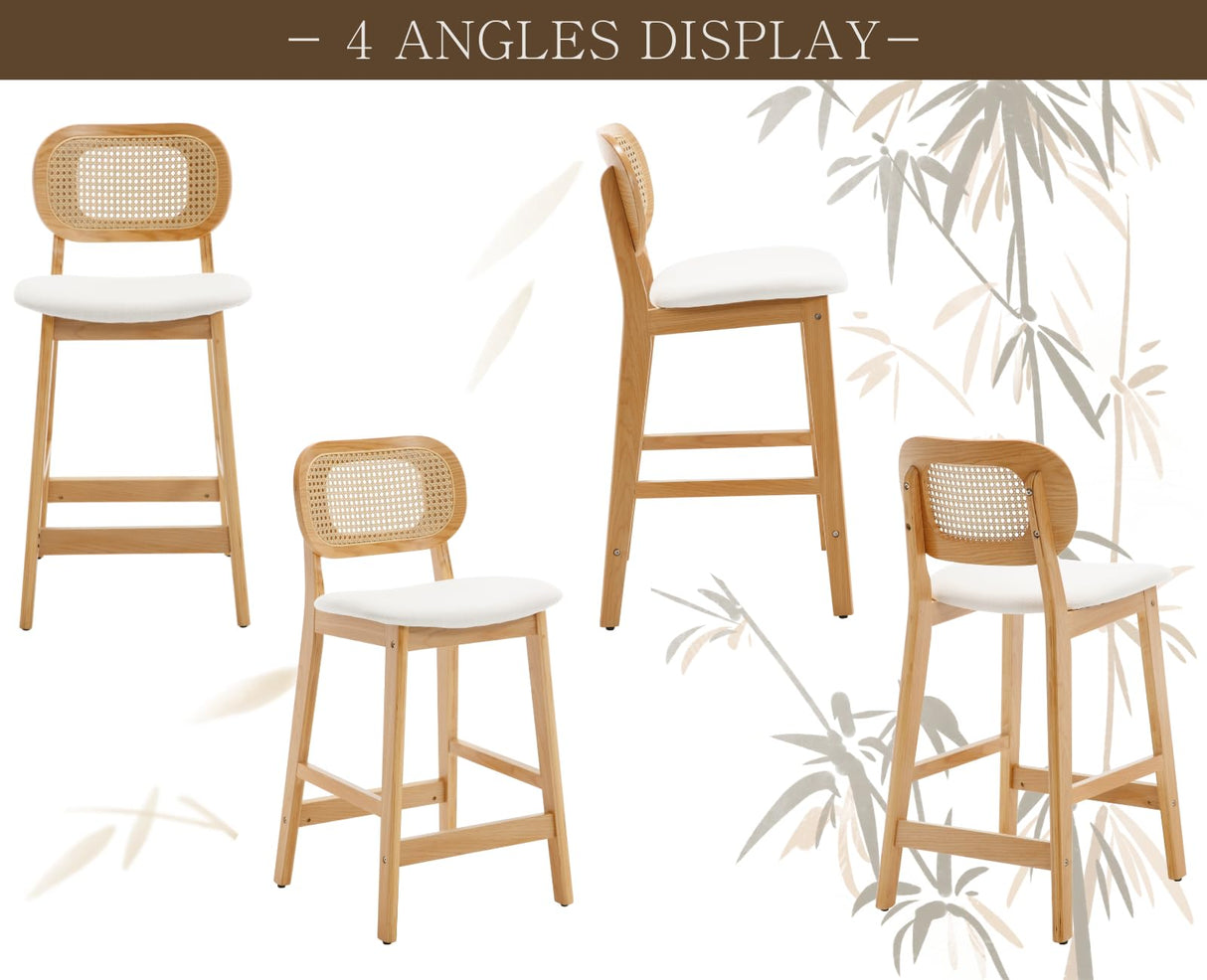 Shunzhi Rattan Counter Height Bar Stools Set of 2 Upholstered Farmhouse Barstools with Cane Back Boho Wood Kitchen Island Chairs Comfy Bar Chairs for Pub/Home Bar, Linen Beige Shunzhi