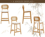 Shunzhi Rattan Counter Height Bar Stools Set of 2 Upholstered Farmhouse Barstools with Cane Back Boho Wood Kitchen Island Chairs Comfy Bar Chairs for Pub/Home Bar, Linen Beige Shunzhi