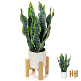 Hollyone Artificial Snake Plant Potted with Solid Wood Plant Stand, 19" Faux Sansevieria Tropical White Ceramic Pots Fake Plants for Home Office Indoor Decor Housewarming Gift Hollyone