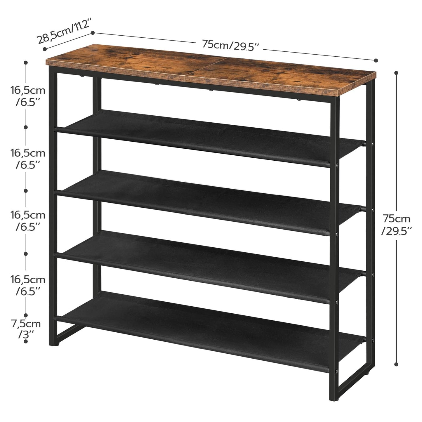 HOOBRO Shoe Rack, 5 Tier Shoe Storage Organizer with 4 Oxford Fabric Shelves and Top Panel, Holds 16-20 Pairs of Shoes, for Entryway and Closet, Industrial, Rustic Brown BF50XJ01