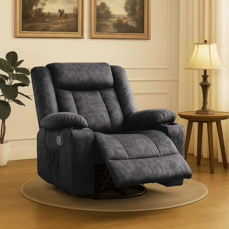 COMHOMA Recliner Chair,360°Swivel Rocker Recliners with Cup Holders&Side Pockets,Manual Reclining Single Sofa,Fabric Upholstered Lounge Chairs for Living Room,Gray COMHOMA