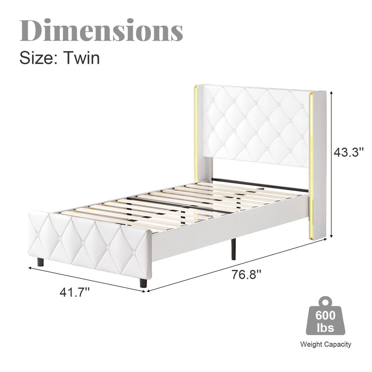 Twin Bed Frames with Headboard, Bed Frame Twin with Diamond Tufted Design, Upholstered Platform Bed with Wingback, No Box Spring Needed, Easy Assembly, White HOMBCK