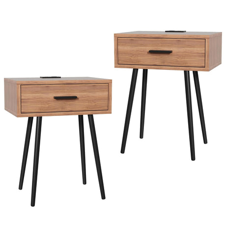 Our Modern Space 2 SET Nightstand with Charging Port and Wooden Drawers - Perfect for Small Side Table, Night Stand Night Stand - Walnut End Table, Dresser for Bedroom, Living Room, Dorm Our Modern Space