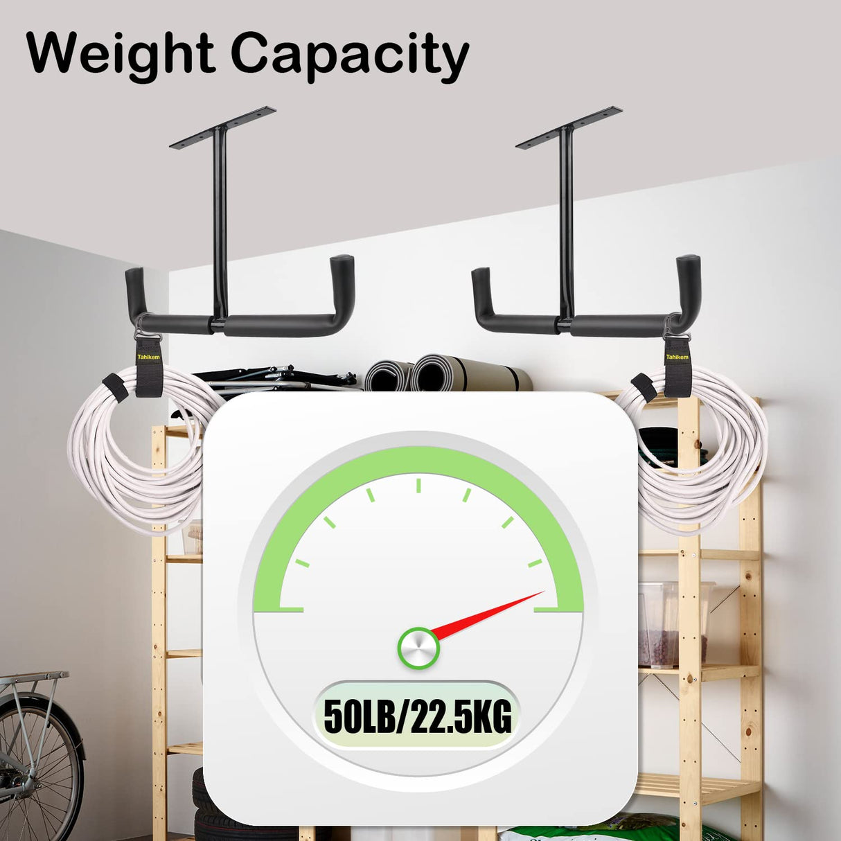 Tahikem 4 Set Overhead Garage Storage Rack, Heavy Duty Overhead Storage Double Hook, Ceiling Mount Hanger Safe Racks Hooks, Hanging for Lumber Ladder Storage & Other Bulky Items (Pack of 4 - Black) Tahikem