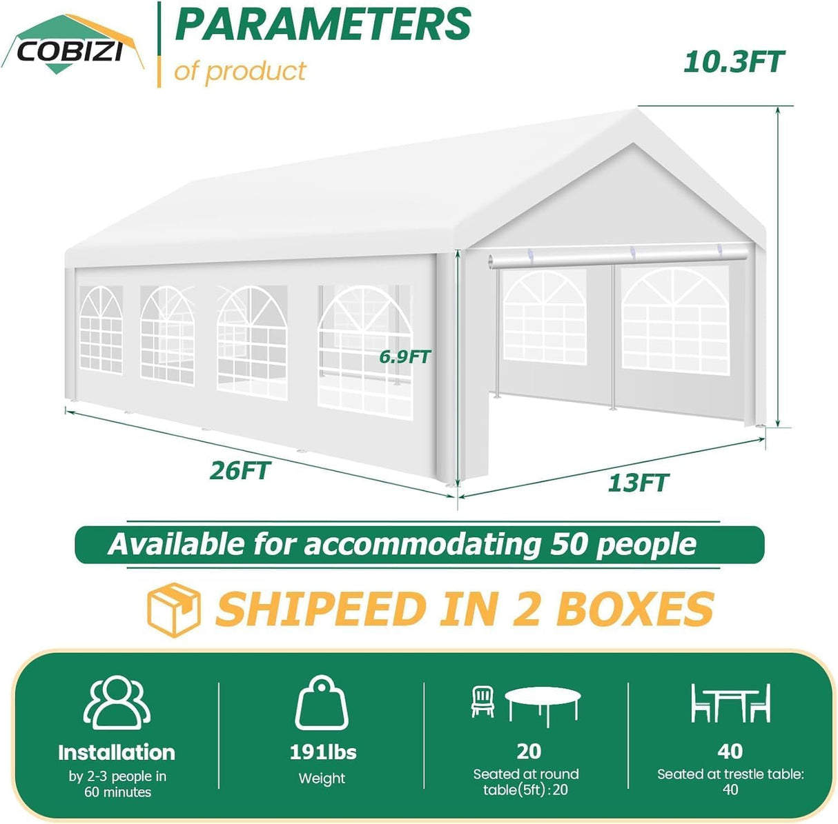 COBIZI 13x26 Party Tent Heavy Duty for Parties, Galvanized Wedding Event Shelter, Large Outdoor Gazebo with Removable Sidewall & Built-in Sandbag, Carpas para Fiestas, Waterproof, White COBIZI