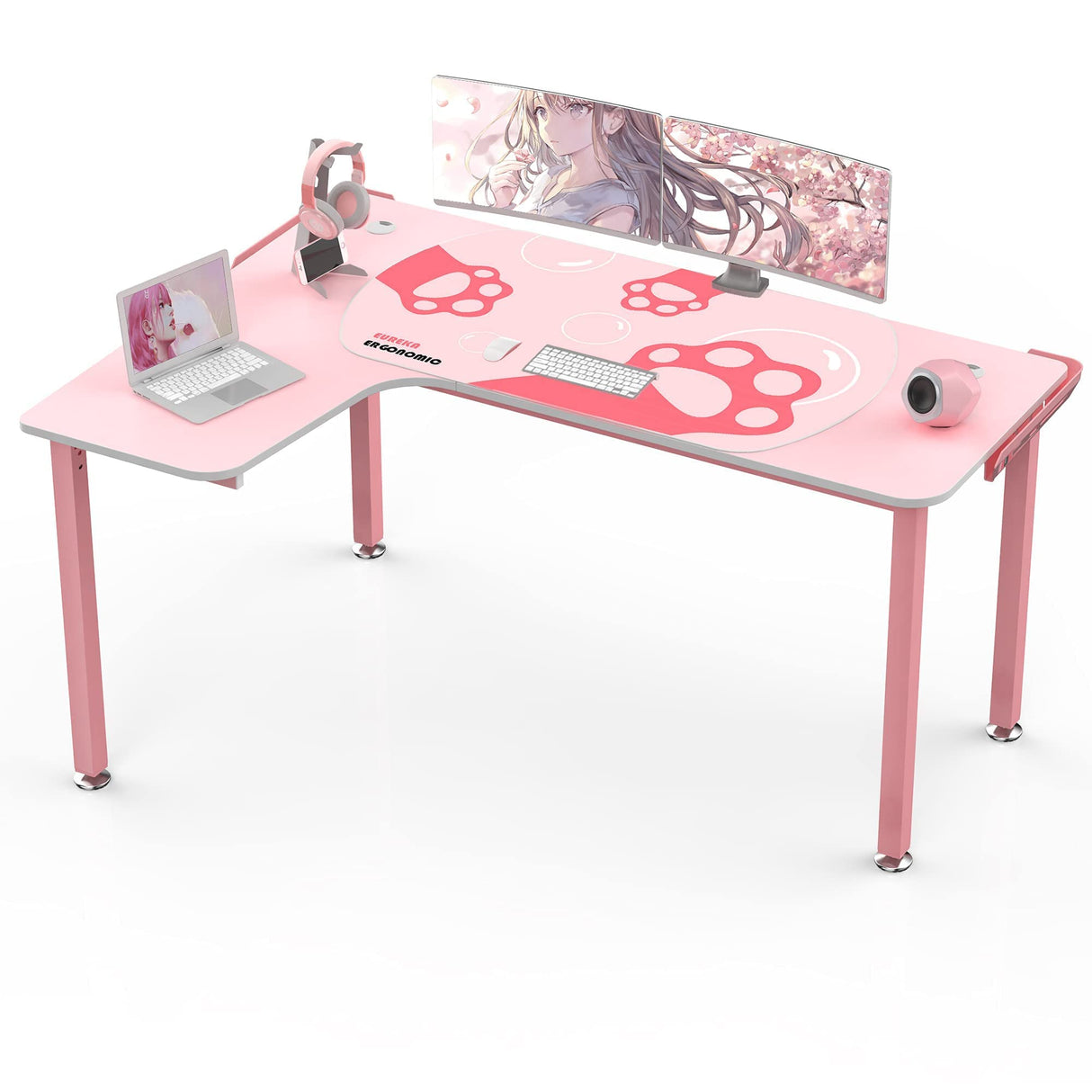 EUREKA ERGONOMIC Gaming Desk,60 Inch Pink L-Shaped Computer Desk, Corner Desk Gamer Desk Game Table with Free Mouse Pad for Girls Home Office Wood & Metal Space-Saving,Easy to Assemble,Pink EUREKA ERGONOMIC