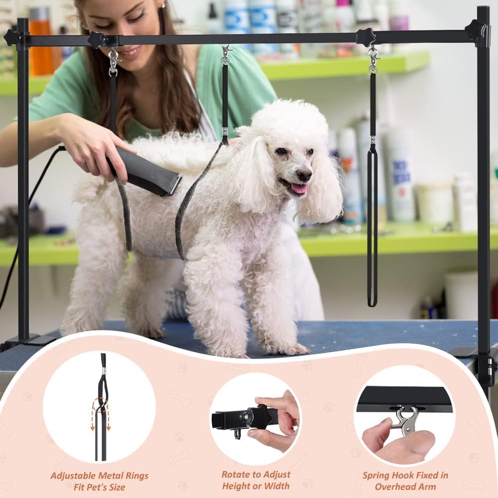 HIDOG H-Shape Dog Grooming Arm with Clamp, Pet Grooming Table Arm with 3 Loop Noose, 33" Height Adjustable and 38" - 50" Width Adjustable for Small/Medium/Large Dogs HIDOG