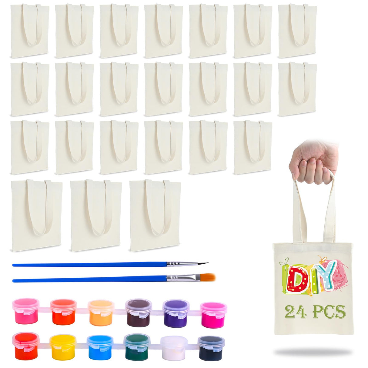 Zioffiel Small Canvas Tote Bags Bulk 24 Pack, Sublimation Tote Bags Blank with Acrylic Paint Set, Reusable Cotton Canvas Bags with Handles, Mini Tote Bag To Decorate DIY Crafts, 8"x8.6" Zioffiel