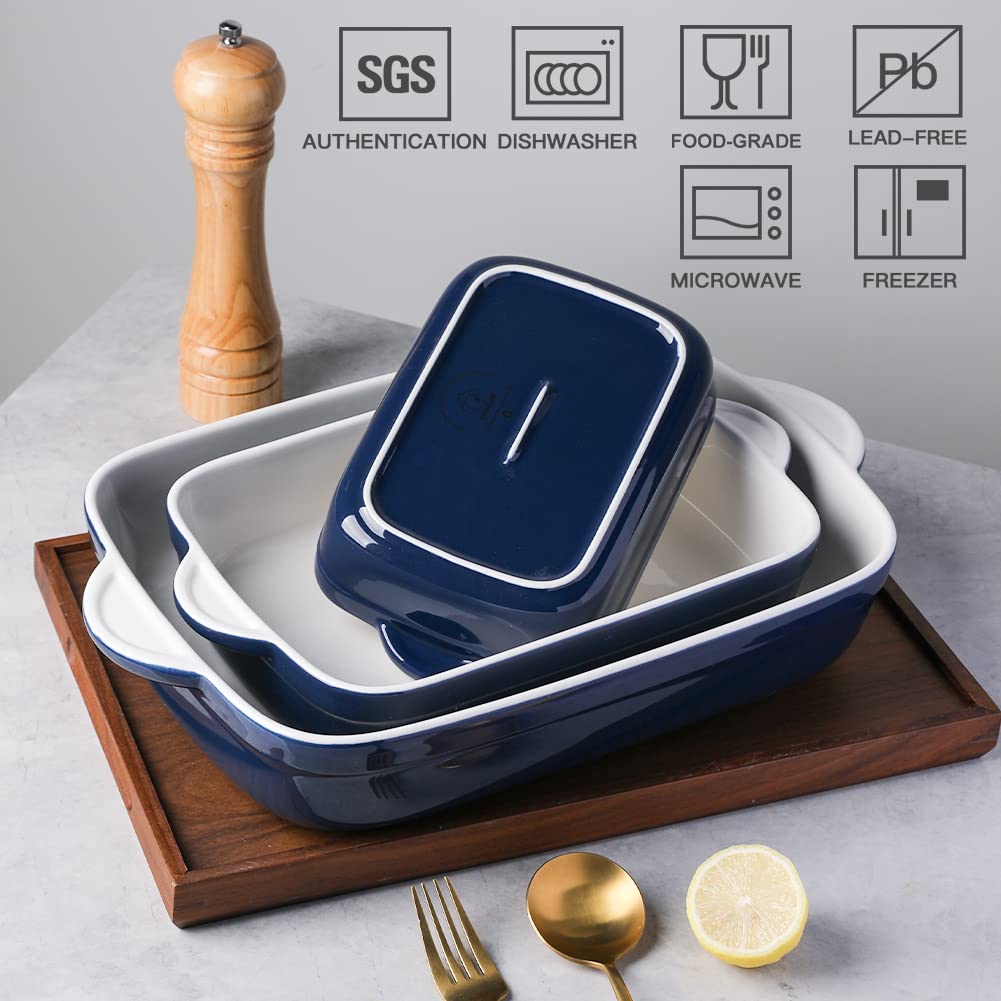 Sweejar Casserole Dishes for Oven, Ceramic Bakeware Set of 3, Lasagna Pan Deep with Handle, Rectangular Baking Pan Set, 9x13 Baking Dish for Cooking, Banquet and Daily Use (Navy) Sweejar