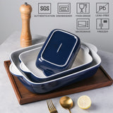 Sweejar Casserole Dishes for Oven, Ceramic Bakeware Set of 3, Lasagna Pan Deep with Handle, Rectangular Baking Pan Set, 9x13 Baking Dish for Cooking, Banquet and Daily Use (Navy) Sweejar